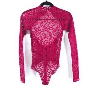 Victoria Secret Coquette Mock Neck Red Lace Unlined Bodysuit Snap Closure XS